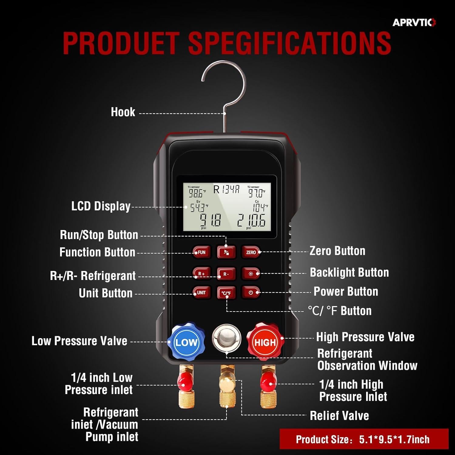 Medidor HVAC Digital Aprvtio AMF-300 con Mangueras 3000 PSI