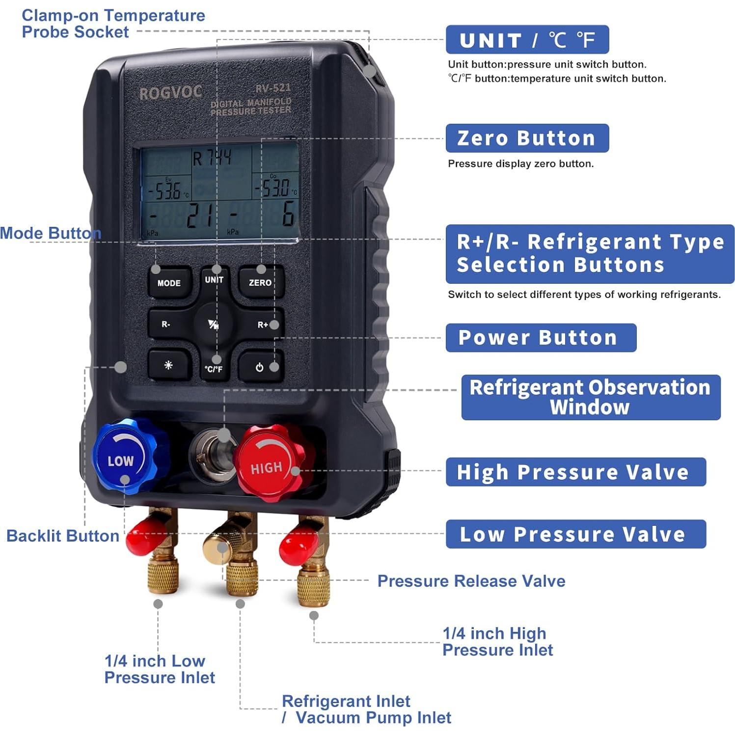 Manómetro Digital Rogvoc RV-521-1 para Refrigerantes HVAC