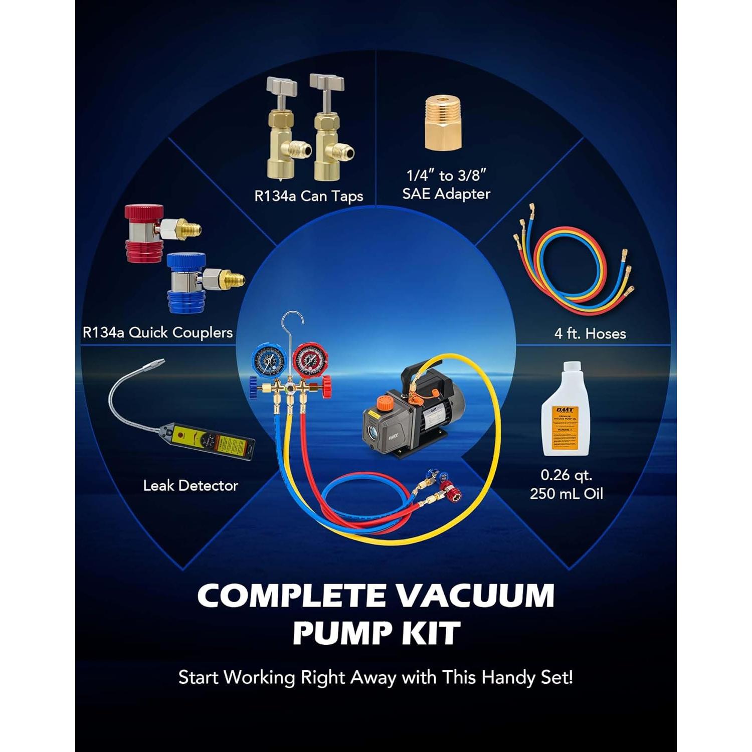 Kit de Bomba de Vacío Orion Motor Tech 1/3 hp 4.0 CFM con Manómetro