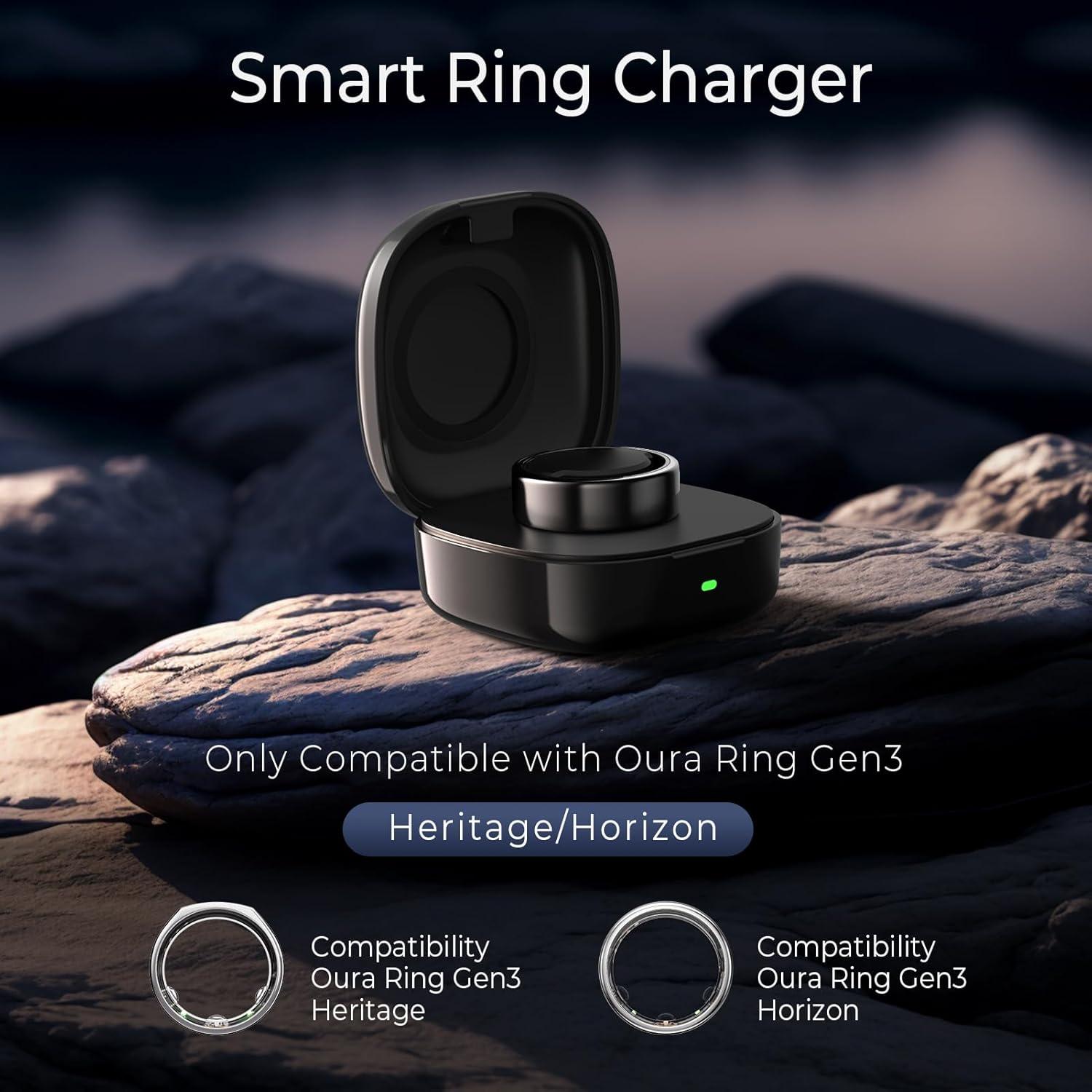 Smart Ring Charging Case Size 7, Compatible with Oura Ring Gen3 Heritage/Horizon, 600mAh Portable Charger Dock with Indicator Light, Charging Box for Smart Ring with Travel Storage Bag（Black）