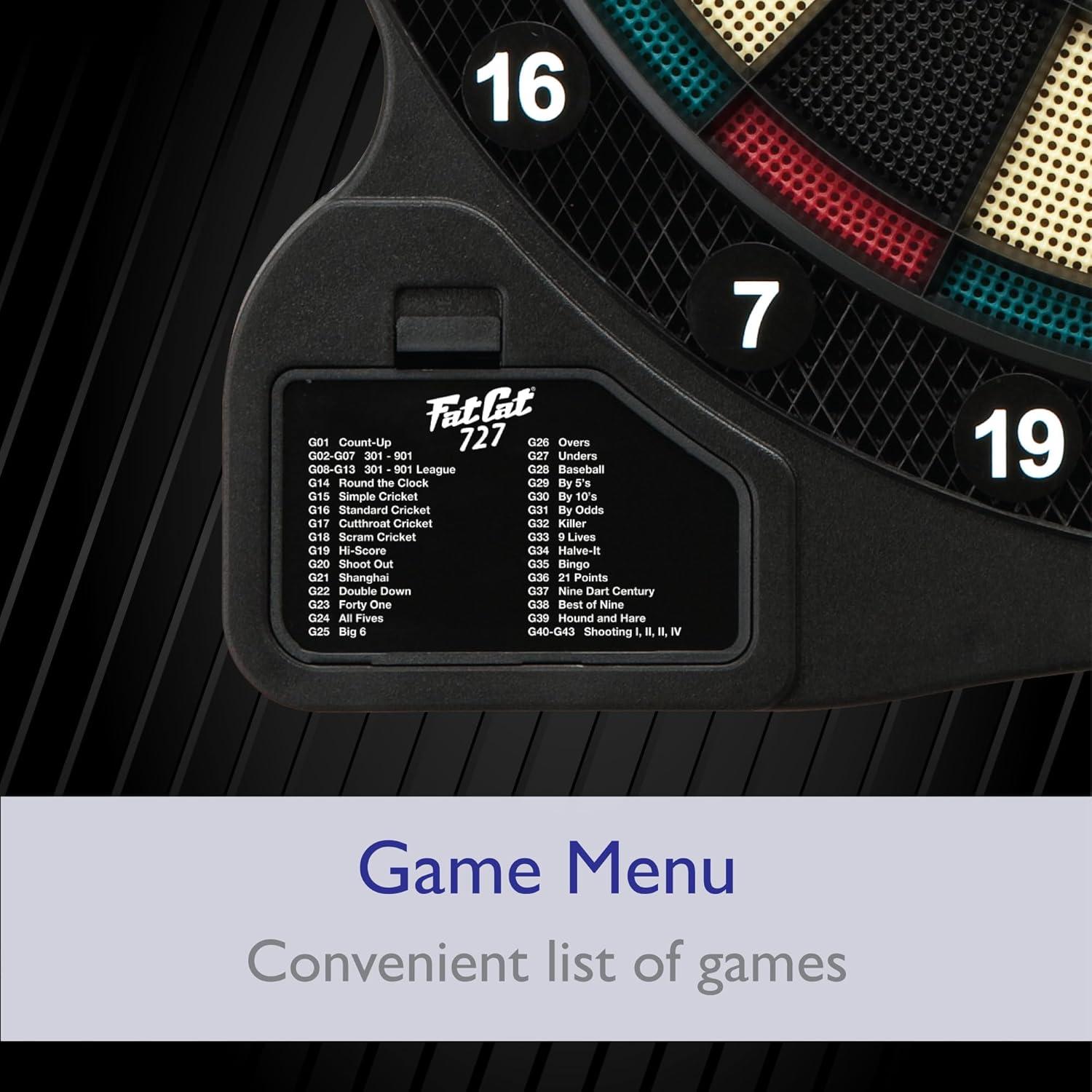 Tablero de Dardos Electrónico Fat Cat 727 - 18 Juegos, 6 Dardos