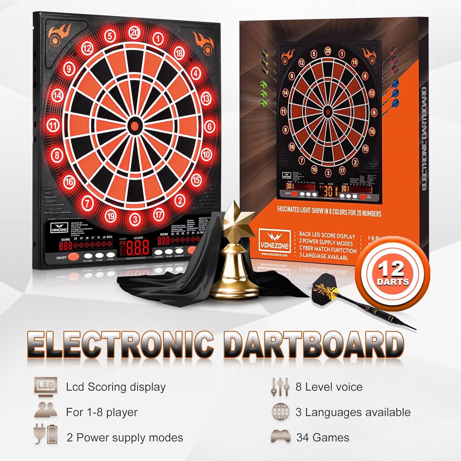 Tablero de Dardos Electrónico VONEZONE UHZ02 con 12 Dardos