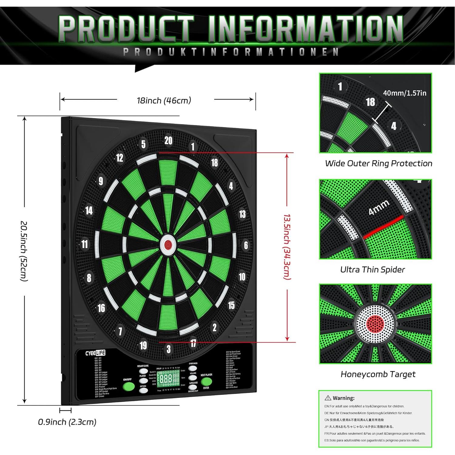 Tablero de Dardos Electrónico CyeeLife con 12 Dardos y Adaptador