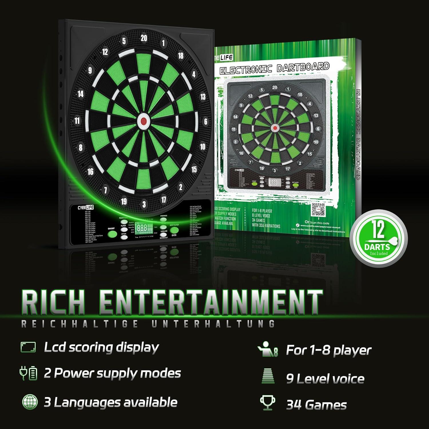 Tablero de Dardos Electrónico CyeeLife con 12 Dardos y Adaptador