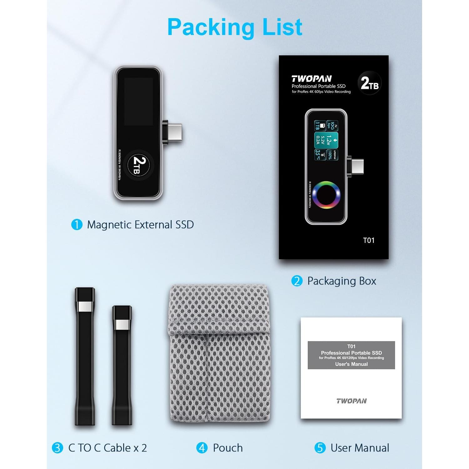 SSD Portátil MagSafe TWOPAN 2TB para iPhone 15/16 Pro