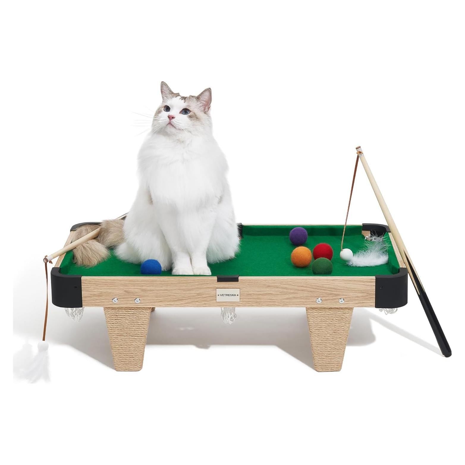 VETRESKA 4 in 1 Cat Toys Mini Pool Table, Gift for Cats, Feather Wand Toy Cat Billiard Ball Puzzle Toy, Pool Table with Scratching Post, Cat Interactive Exercise Play Rest Beds & Furniture