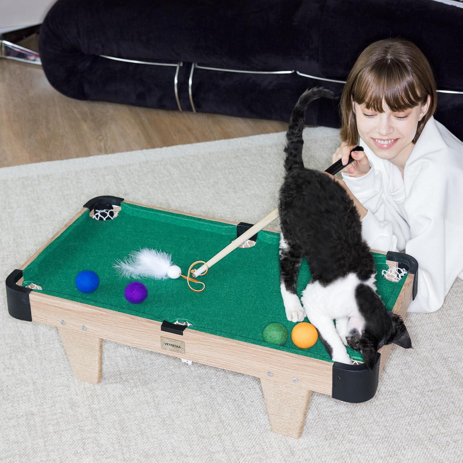 VETRESKA 4 in 1 Cat Toys Mini Pool Table, Gift for Cats, Feather Wand Toy Cat Billiard Ball Puzzle Toy, Pool Table with Scratching Post, Cat Interactive Exercise Play Rest Beds & Furniture