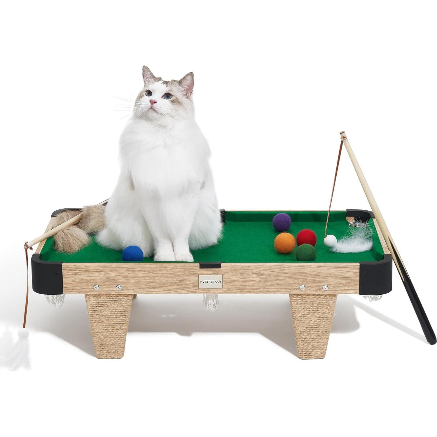 VETRESKA 4 in 1 Cat Toys Mini Pool Table, Gift for Cats, Feather Wand Toy Cat Billiard Ball Puzzle Toy, Pool Table with Scratching Post, Cat Interactive Exercise Play Rest Beds & Furniture