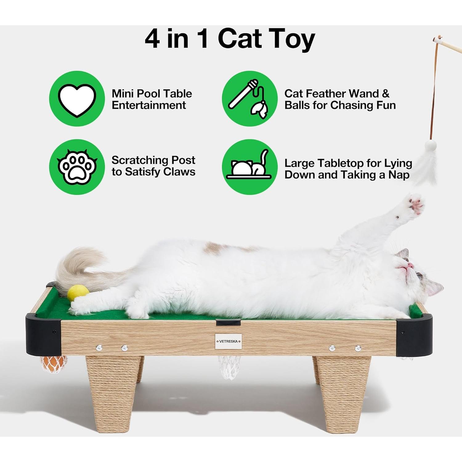 VETRESKA 4 in 1 Cat Toys Mini Pool Table, Gift for Cats, Feather Wand Toy Cat Billiard Ball Puzzle Toy, Pool Table with Scratching Post, Cat Interactive Exercise Play Rest Beds & Furniture