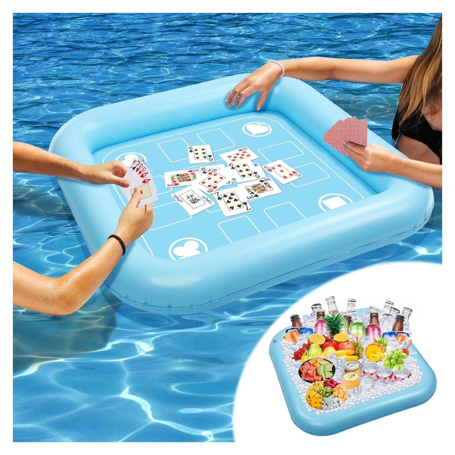 Floating Table for Pool Game with Waterproof Playing Cards, 35.5 x 35.5 in Floating Card Table for Pool, Inflatable Floating Pool Game Table for Adults Family Party (Blue)