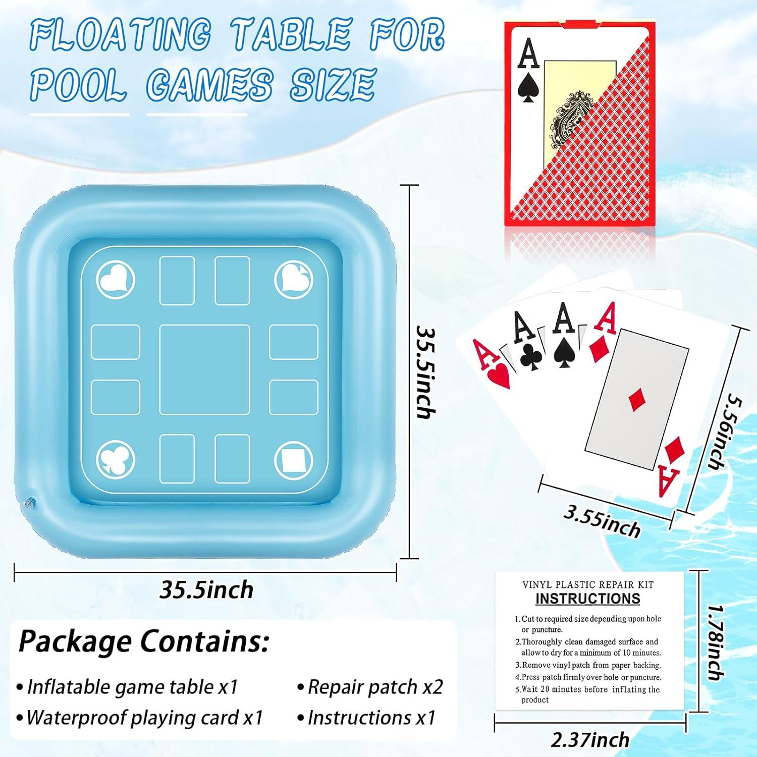 Floating Table for Pool Game with Waterproof Playing Cards, 35.5 x 35.5 in Floating Card Table for Pool, Inflatable Floating Pool Game Table for Adults Family Party (Blue)