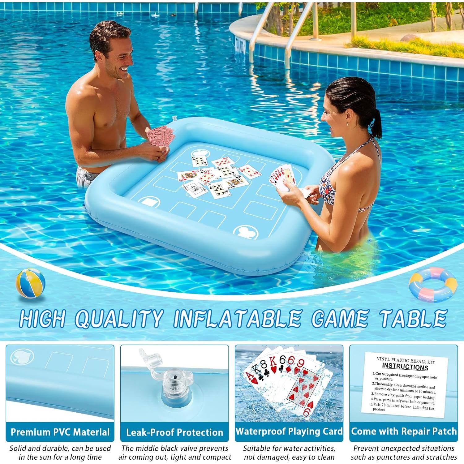 Floating Table for Pool Game with Waterproof Playing Cards, 35.5 x 35.5 in Floating Card Table for Pool, Inflatable Floating Pool Game Table for Adults Family Party (Blue)
