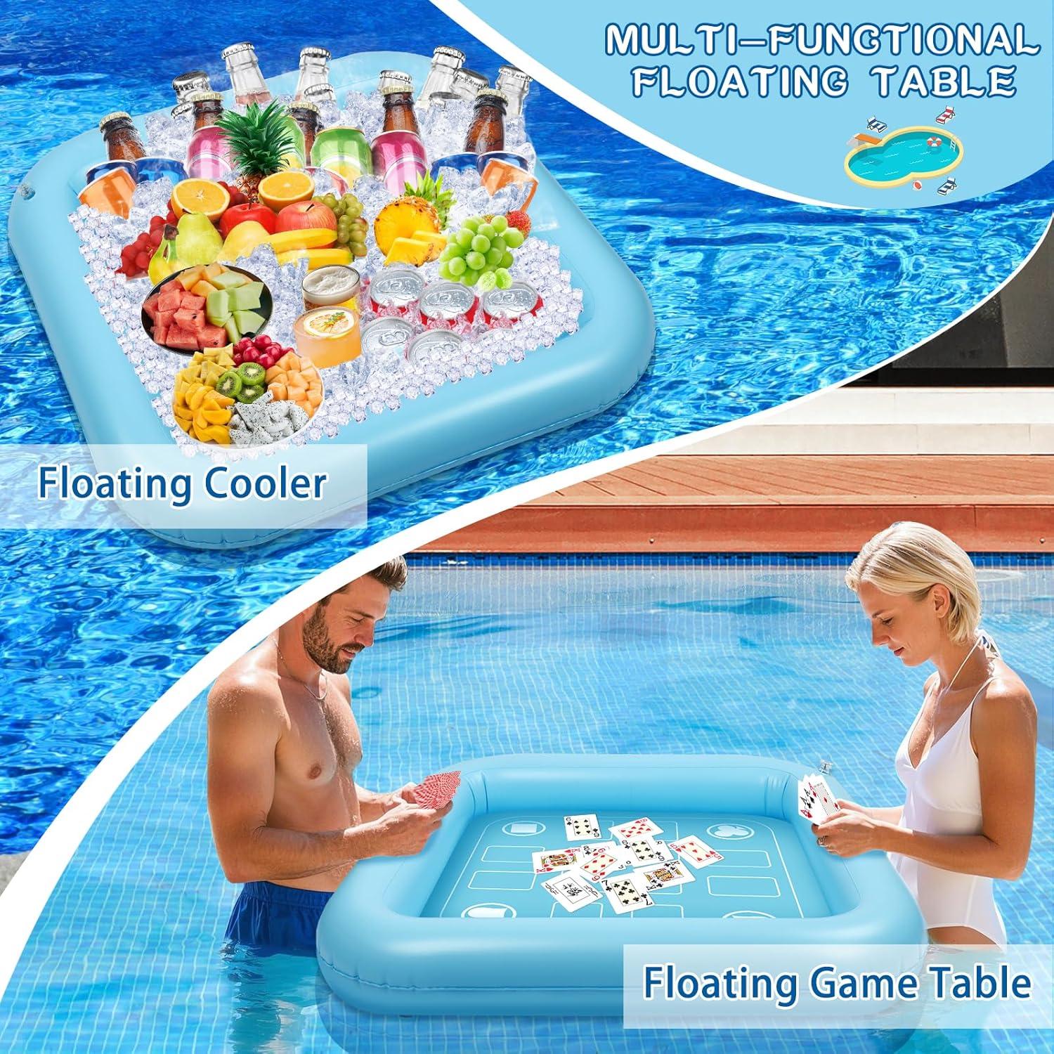 Floating Table for Pool Game with Waterproof Playing Cards, 35.5 x 35.5 in Floating Card Table for Pool, Inflatable Floating Pool Game Table for Adults Family Party (Blue)