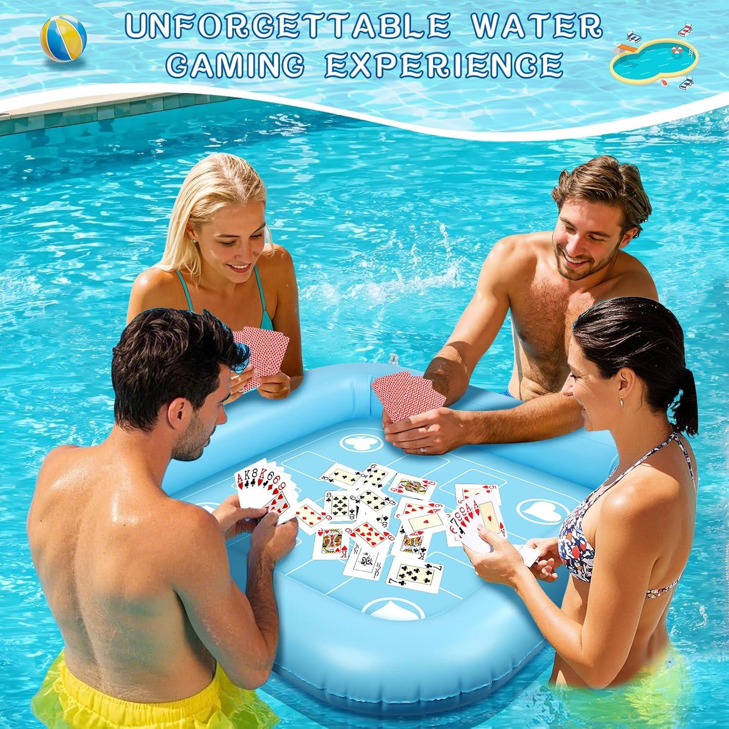Floating Table for Pool Game with Waterproof Playing Cards, 35.5 x 35.5 in Floating Card Table for Pool, Inflatable Floating Pool Game Table for Adults Family Party (Blue)