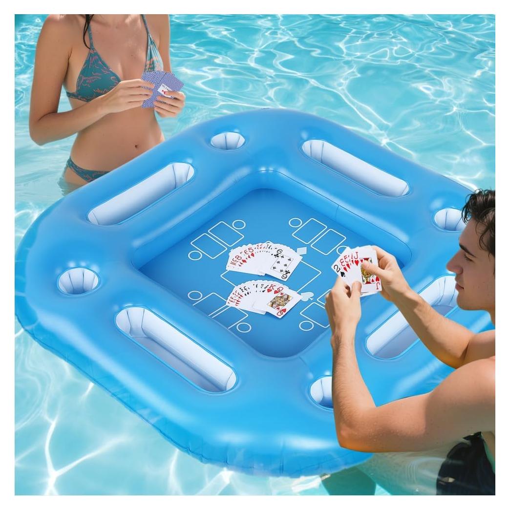 Floating Pool Game Table - Spacious Inflatable Board Games Table with Waterproof Playing Cards, Fun to Use Food Drink Bar for Adults Summer Pool Accessories