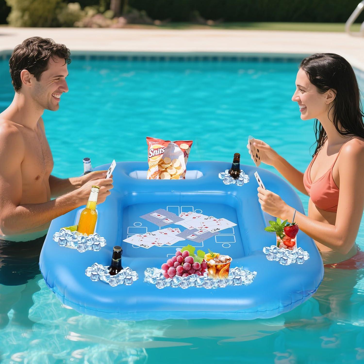 Floating Pool Game Table - Spacious Inflatable Board Games Table with Waterproof Playing Cards, Fun to Use Food Drink Bar for Adults Summer Pool Accessories