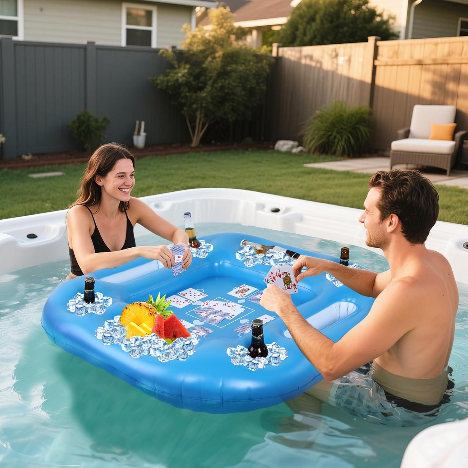 Floating Pool Game Table - Spacious Inflatable Board Games Table with Waterproof Playing Cards, Fun to Use Food Drink Bar for Adults Summer Pool Accessories