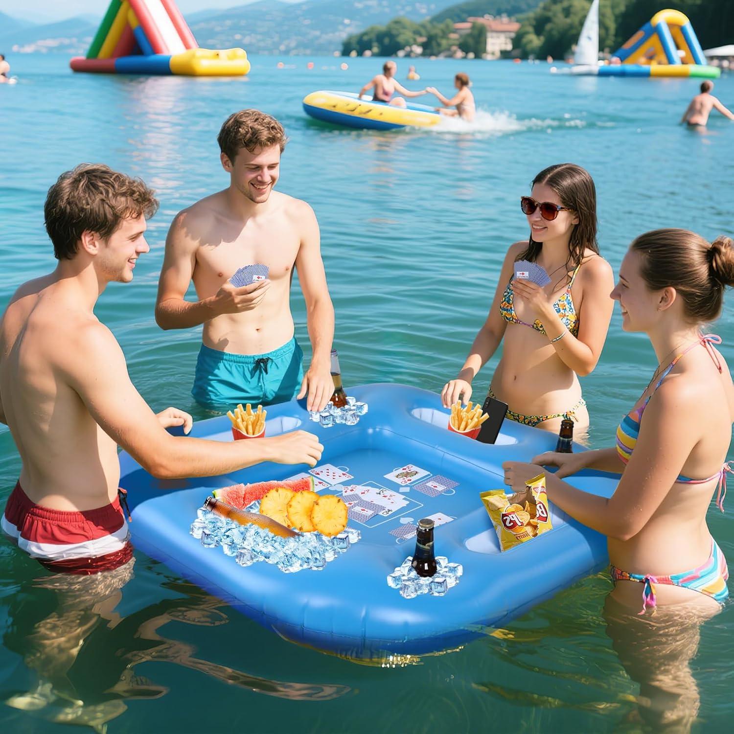 Floating Pool Game Table - Spacious Inflatable Board Games Table with Waterproof Playing Cards, Fun to Use Food Drink Bar for Adults Summer Pool Accessories
