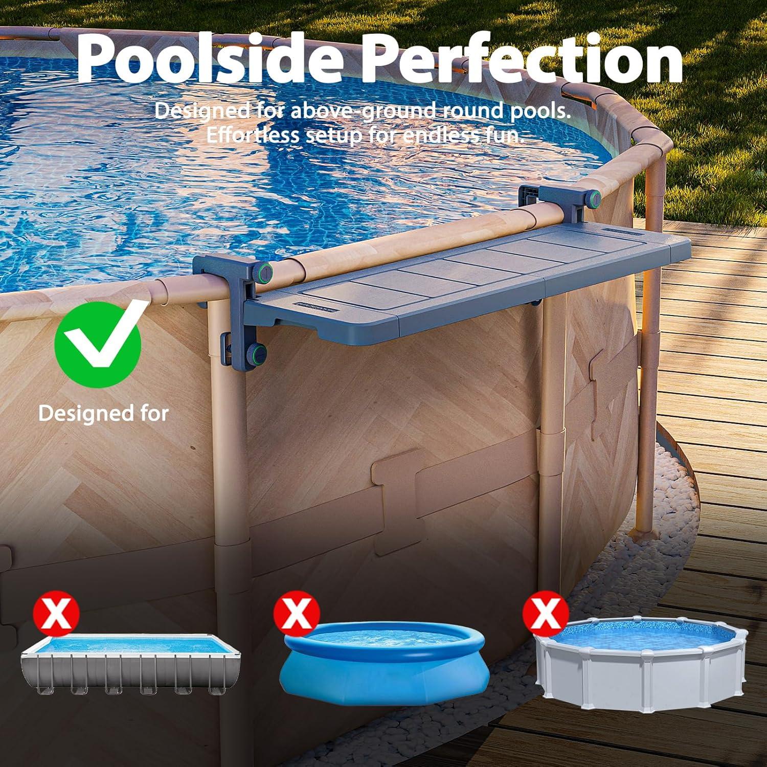 POOLHACKER Poolside Bar, [Original] Swim Up Bar Exclusively for Above-Ground Round Pools. Patio Poolside Table Smart Fold Easy Maintenance, Weather Resistant Stable Tabletop (Phantom Gray)