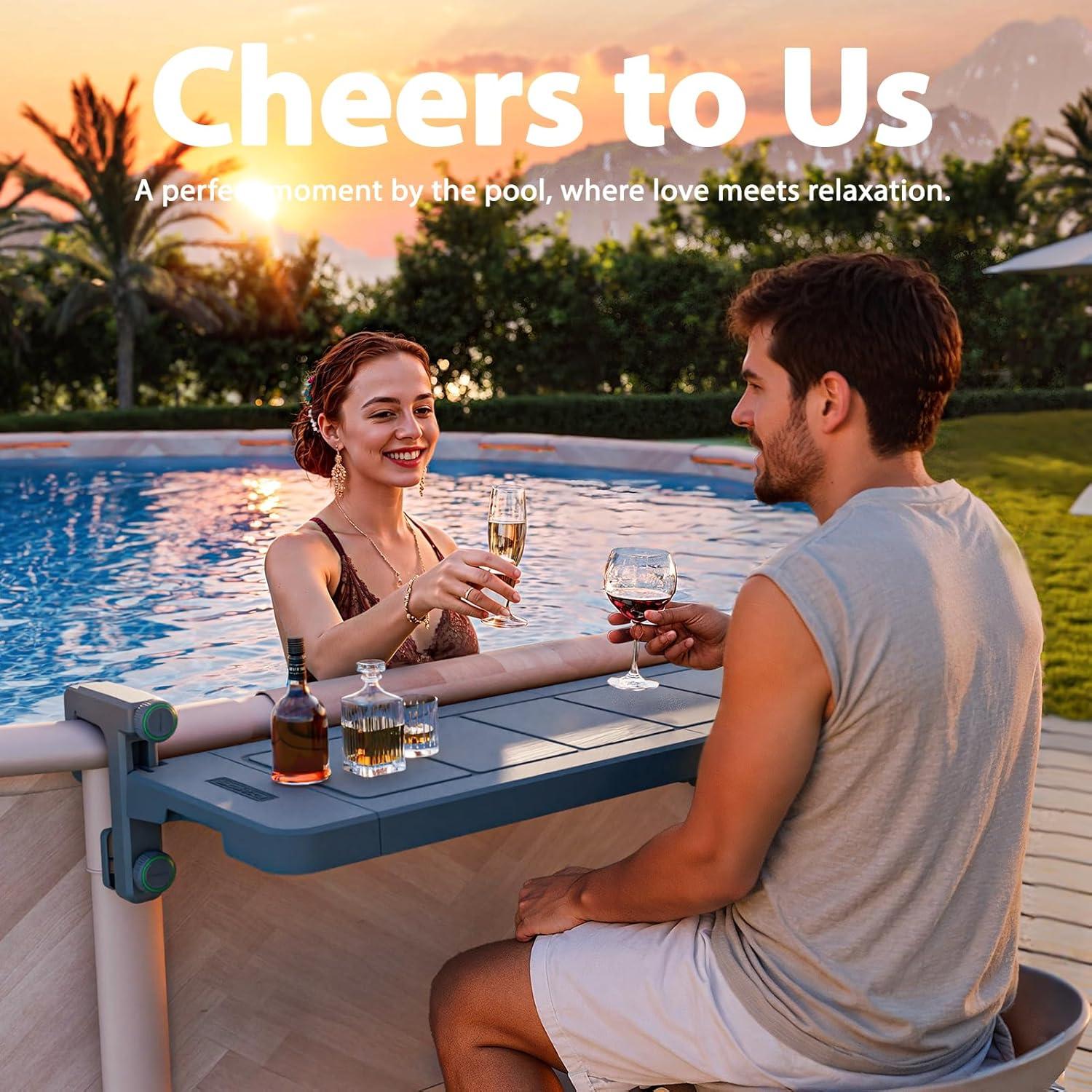 POOLHACKER Poolside Bar, [Original] Swim Up Bar Exclusively for Above-Ground Round Pools. Patio Poolside Table Smart Fold Easy Maintenance, Weather Resistant Stable Tabletop (Phantom Gray)