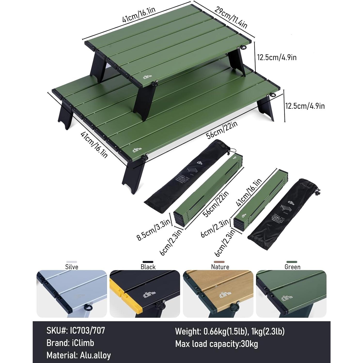Mesa Plegable Compacta iClimb IC703707 Aluminio Verde 12.7cm