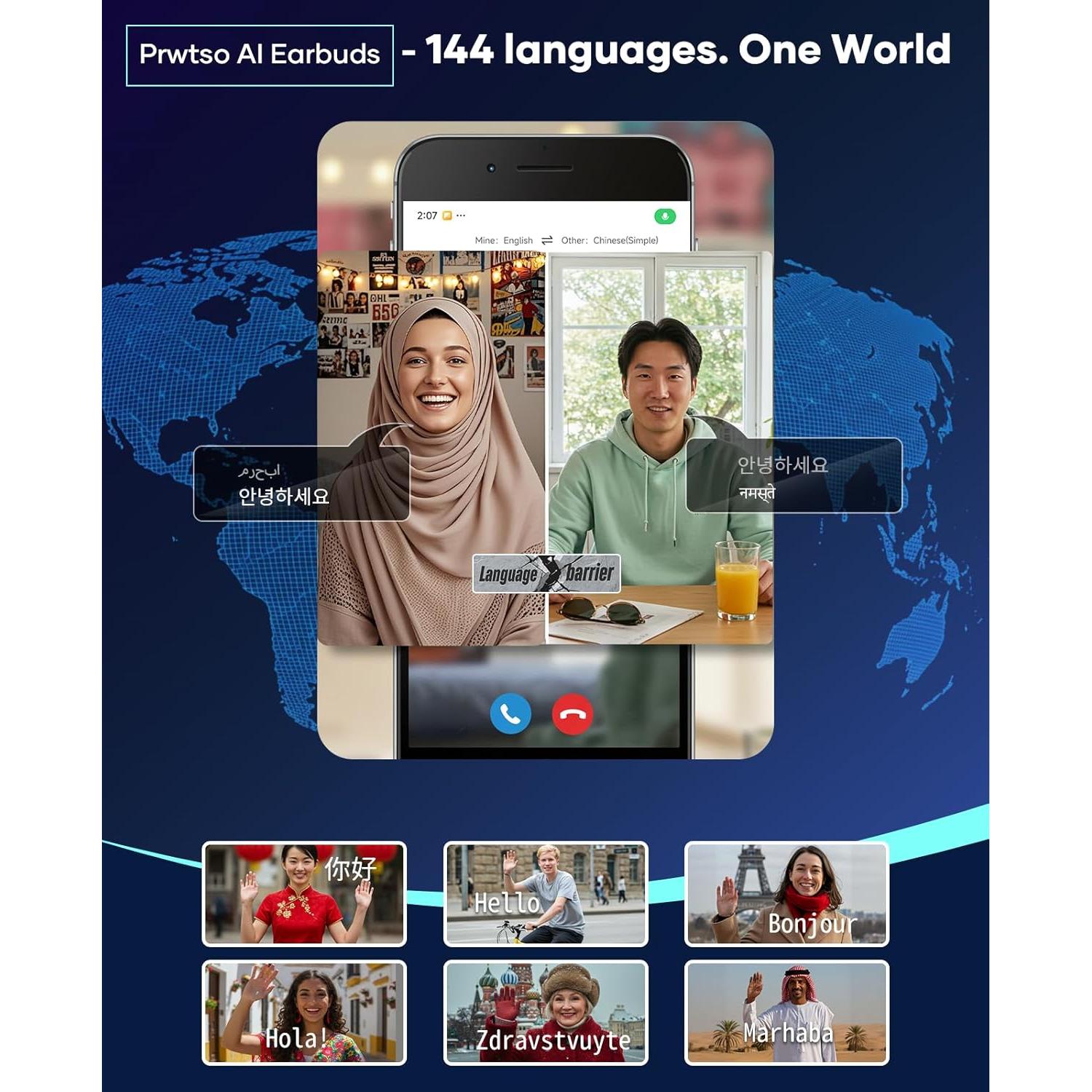 Auriculares de Traducción AI Prwtso M114 Bluetooth 144 Idiomas