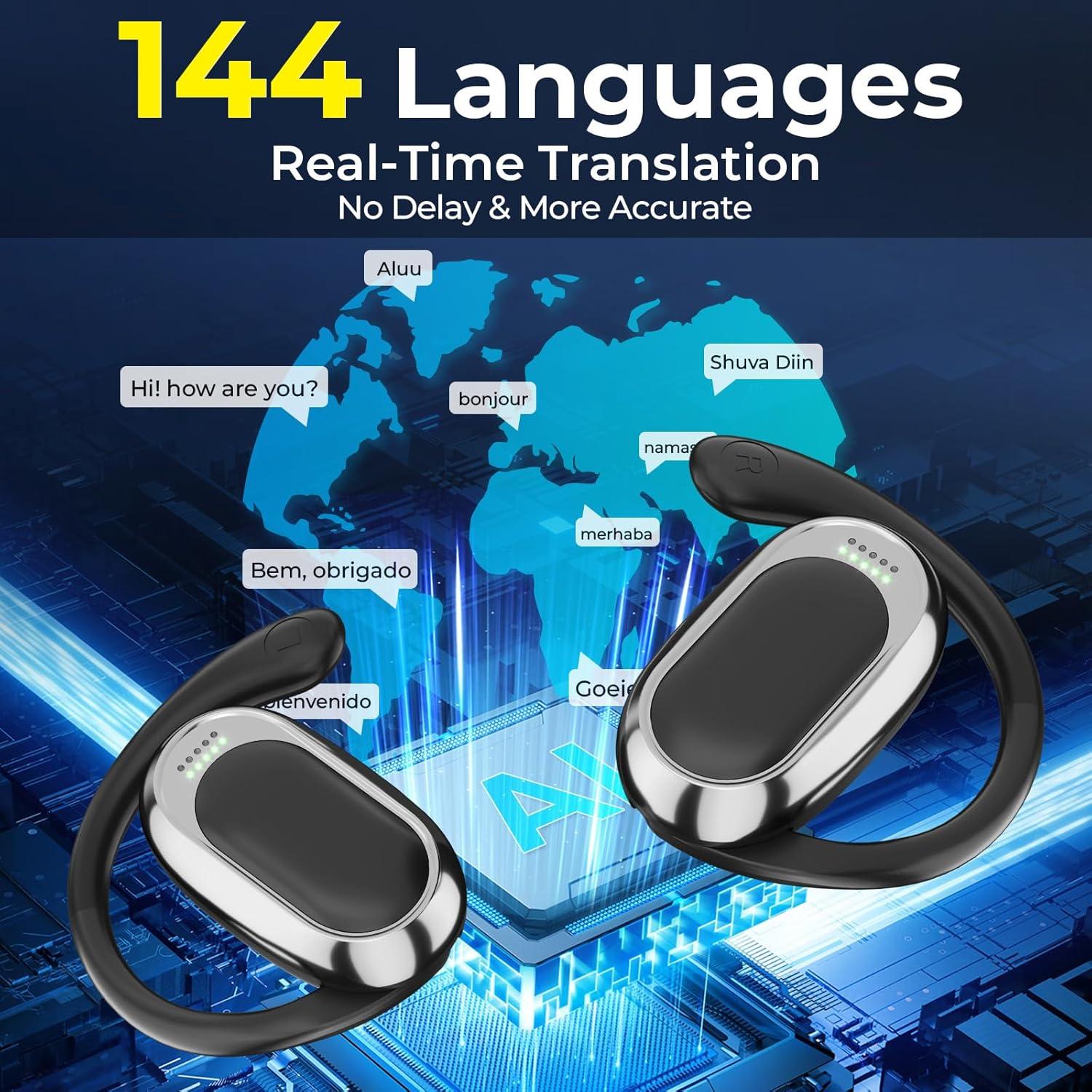 AI Translation Earbuds Real Time, 144 Languages Translator Earbuds Device, 5-in-1 Translation Music Calls Transcription AI Assistant Translation Earbuds Travel Business Learning (Black)
