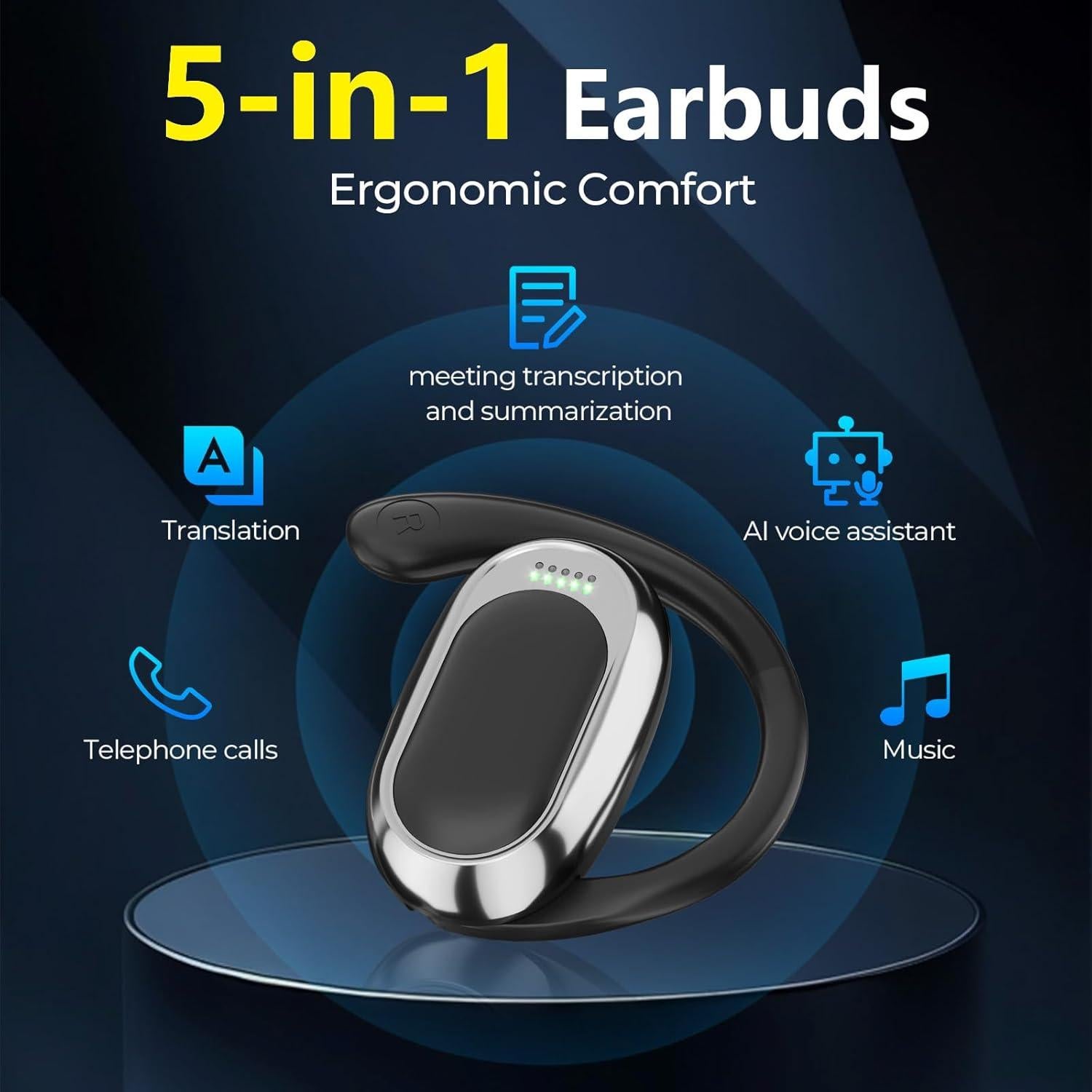 AI Translation Earbuds Real Time, 144 Languages Translator Earbuds Device, 5-in-1 Translation Music Calls Transcription AI Assistant Translation Earbuds Travel Business Learning (Black)