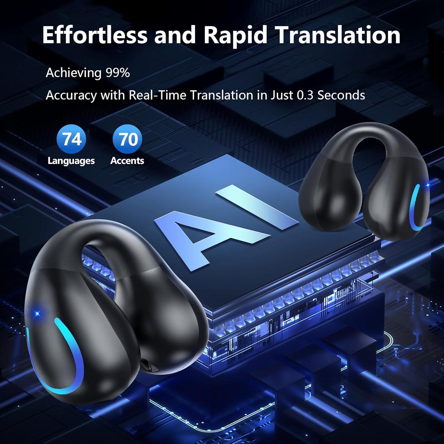 AI Language Translation Earbuds, Clip on Earbuds Wireless Headphones Real-Time Translator for 144 Languages & Accents Headphones Translator Ideal for Travel Business Learning Translation Device