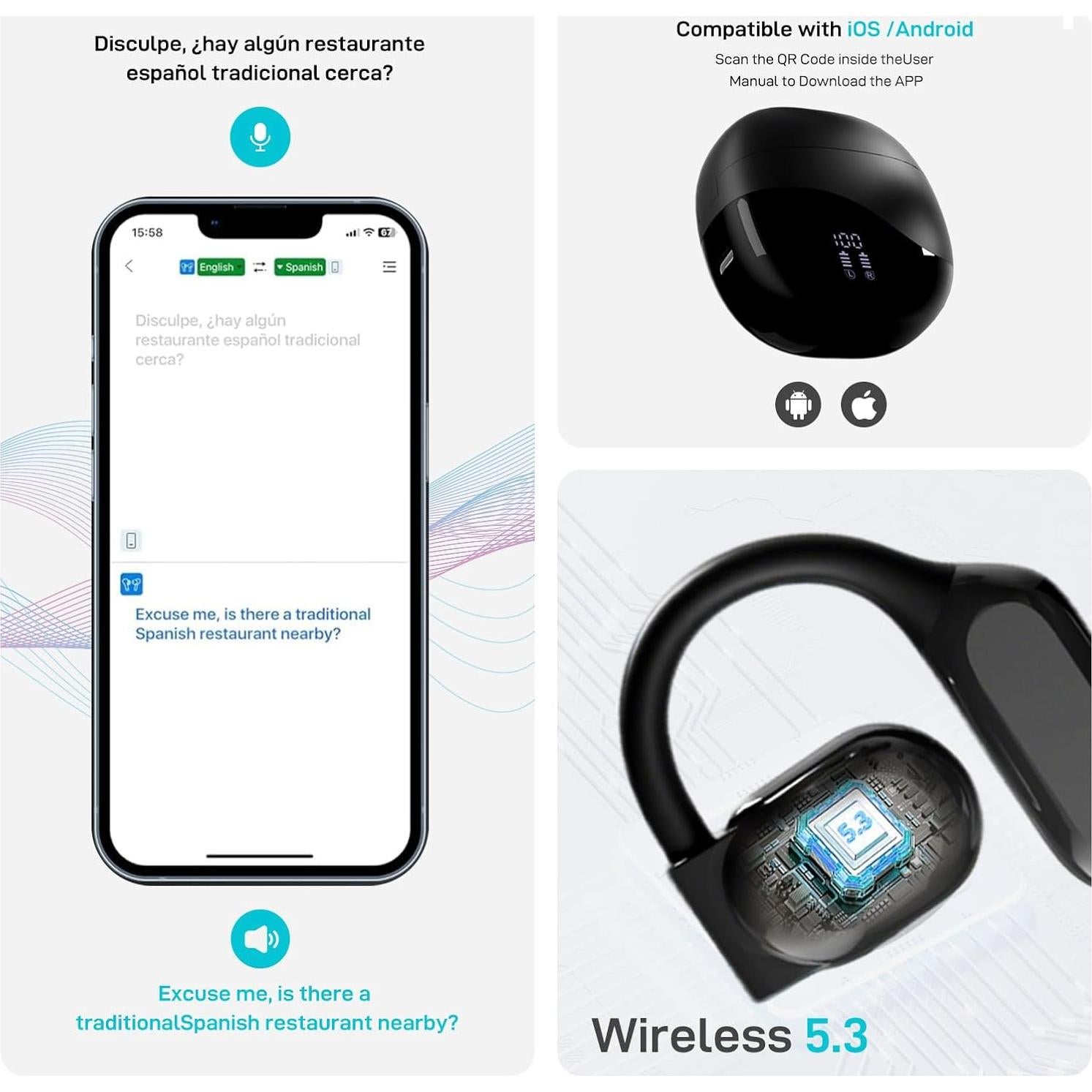 Translation Earbuds Real Time - 144 Language Ai Translator Earbuds, 3 in 1 Wireless Bluetooth Headphones Translator Device for iOS and Android, Simultaneous Wireless Bluetooth Translation