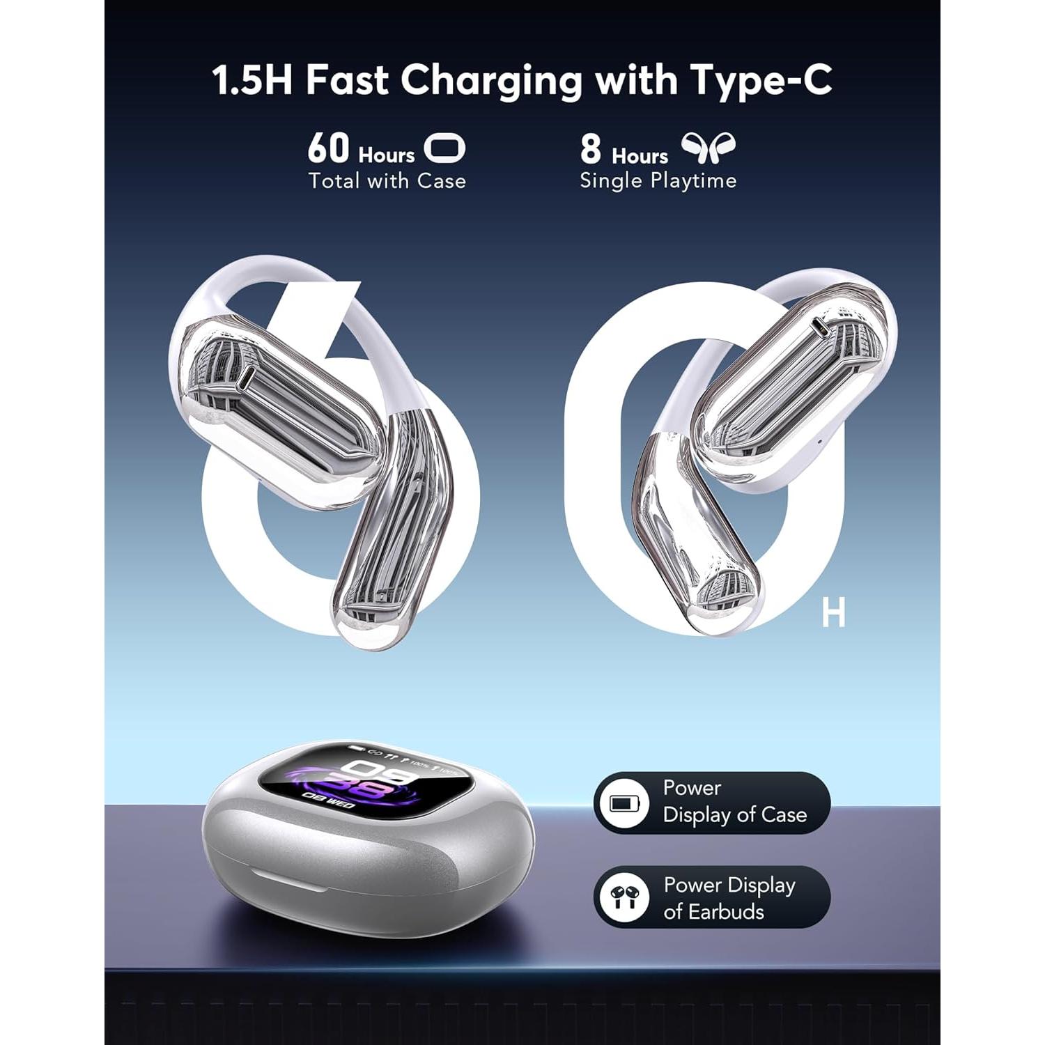 EUQQ AI Language Translation Earbuds, Bluetooth 5.4 Headphones Translator for 144 Languages & Accents, OWS LCD Touch Screen Real-Time Earphones Fit for Travel Business Learning, Silver