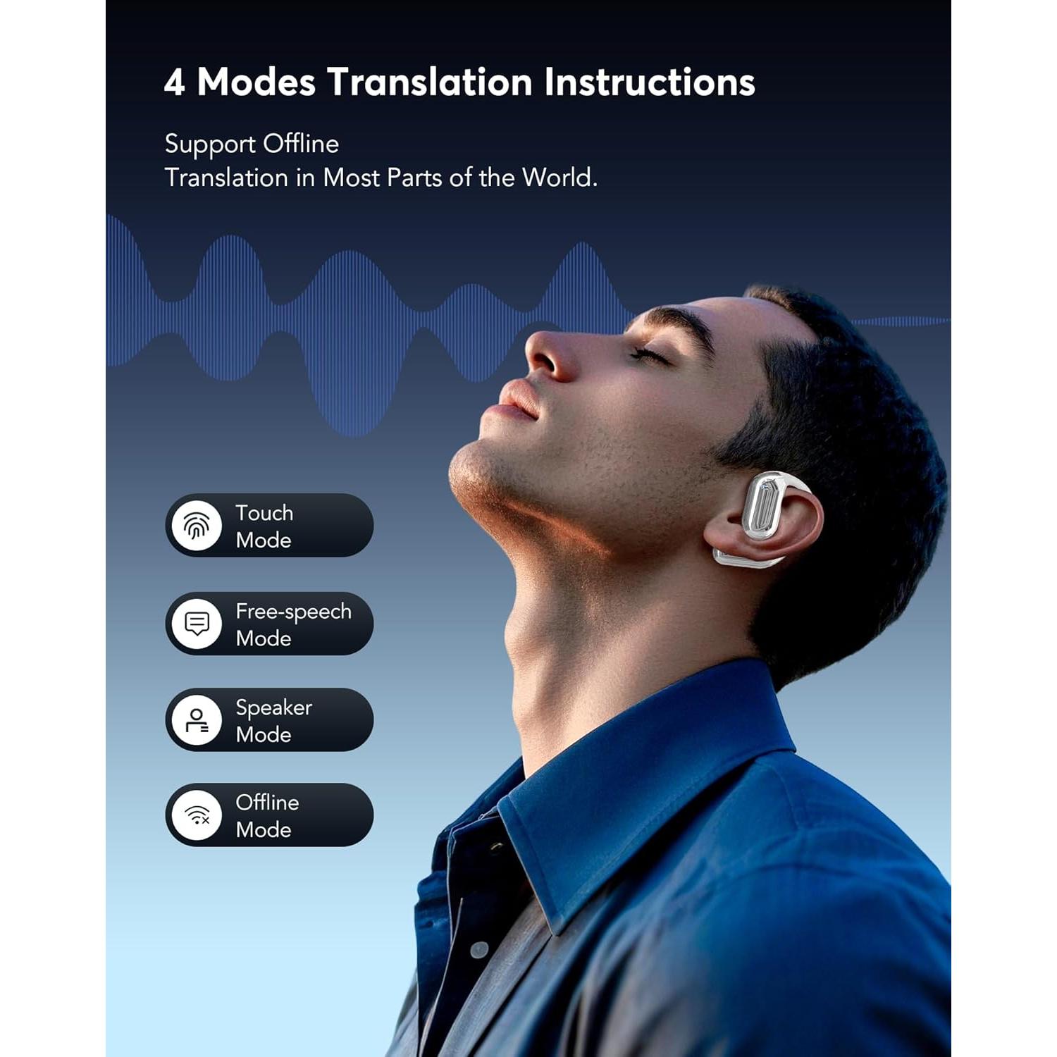 EUQQ AI Language Translation Earbuds, Bluetooth 5.4 Headphones Translator for 144 Languages & Accents, OWS LCD Touch Screen Real-Time Earphones Fit for Travel Business Learning, Silver