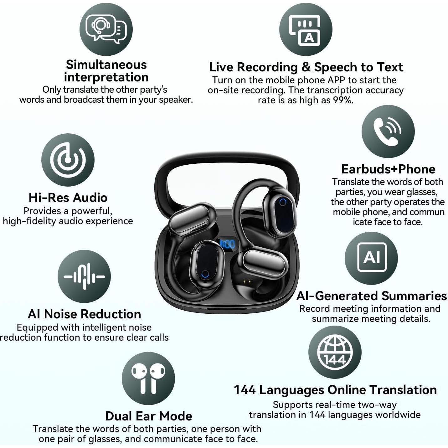 Auriculares de Traducción AI Bluetooth 5.4 144 Idiomas Negro-Y16