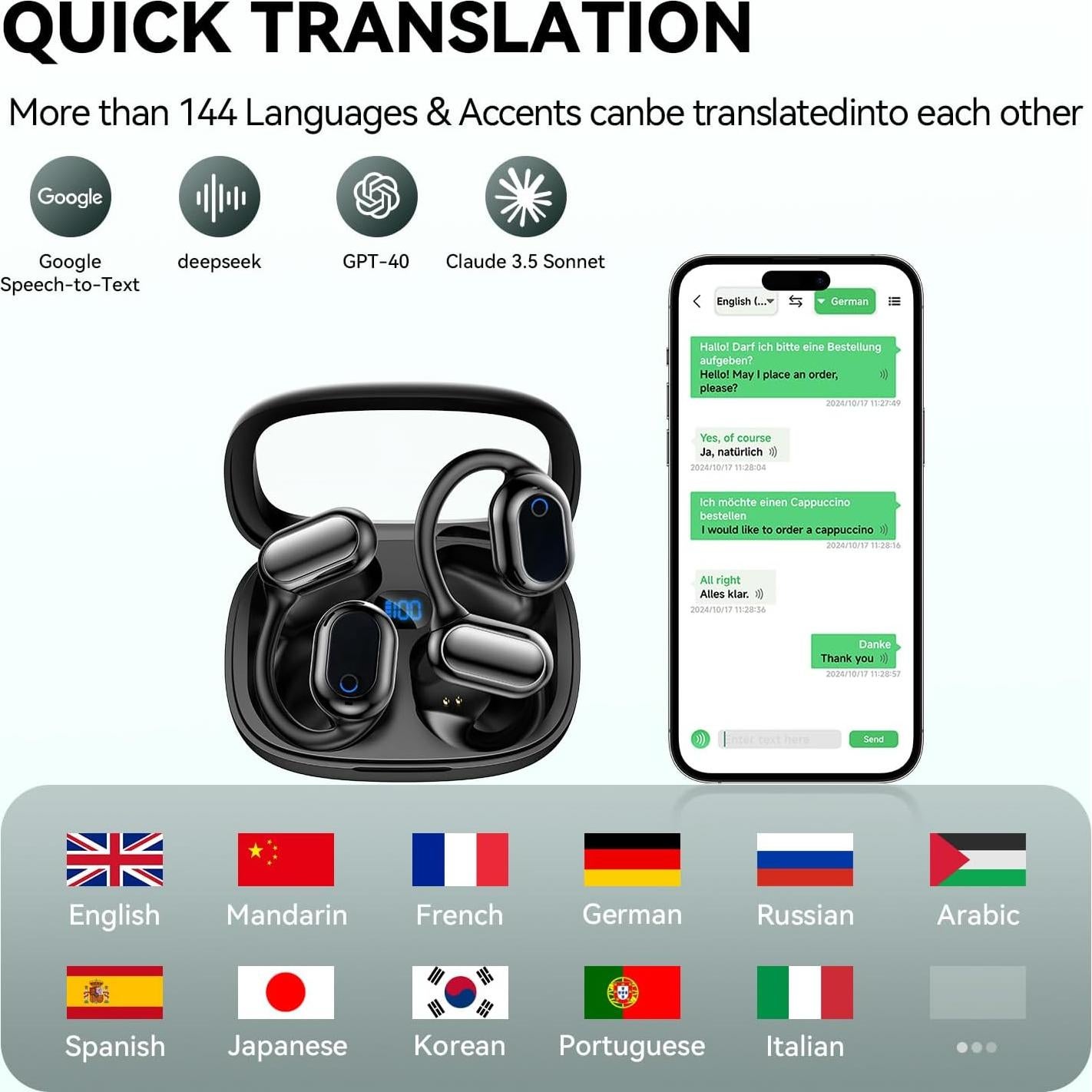 Auriculares de Traducción AI Bluetooth 5.4 144 Idiomas Negro-Y16