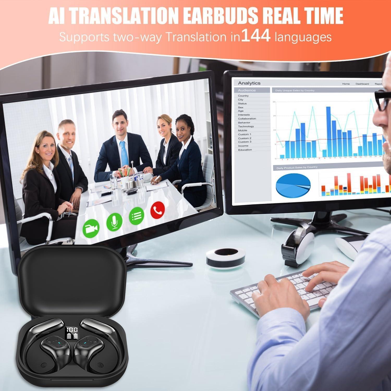 Ai Language Translation Earbuds Real Time,144 Language Translator Earbuds, Bluetooth Headphones Translation Language Device for iPhone and Android Earbud Translator(Black)