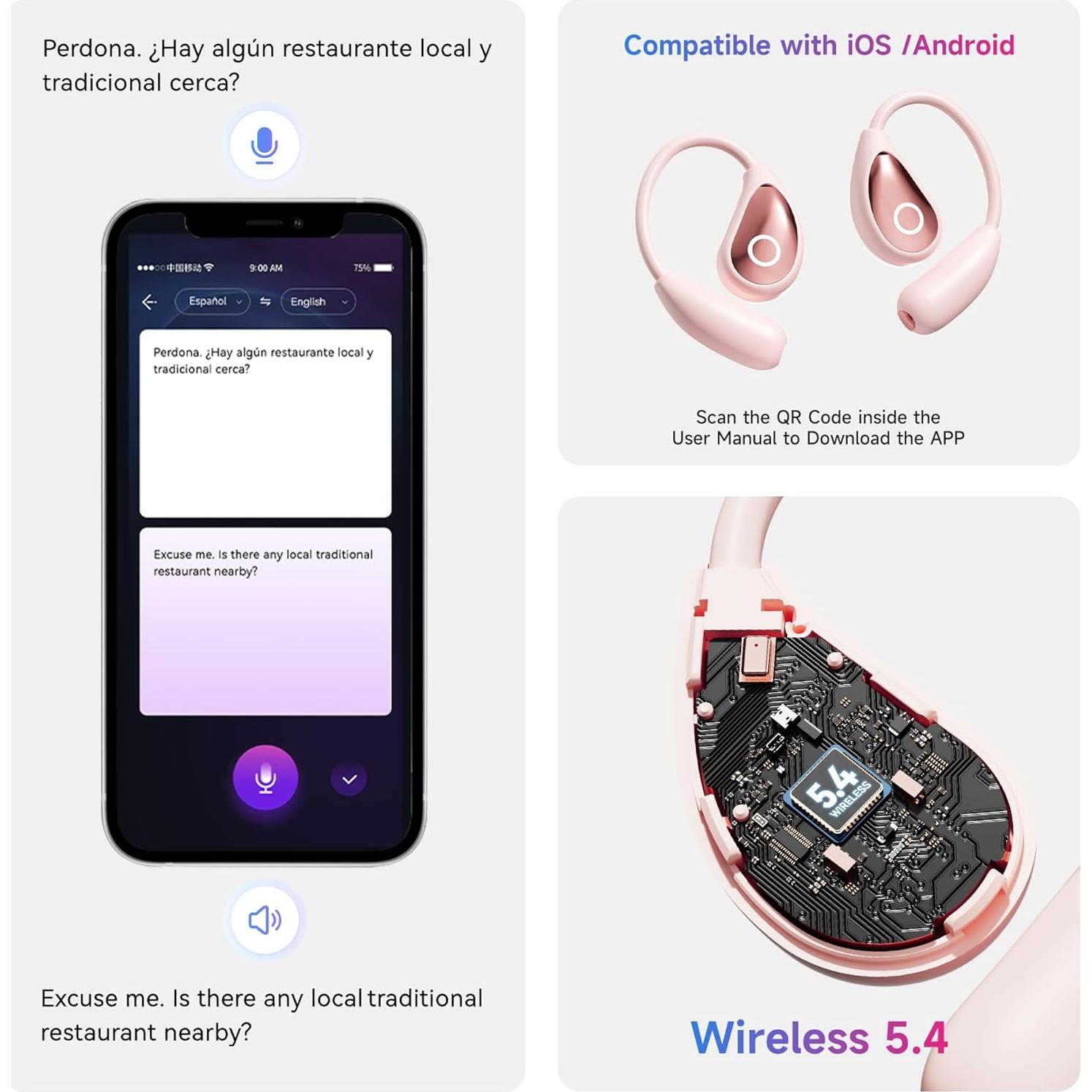 Auriculares Traductores AI OEQ Rosa - Tiempo Real, 100 Idiomas