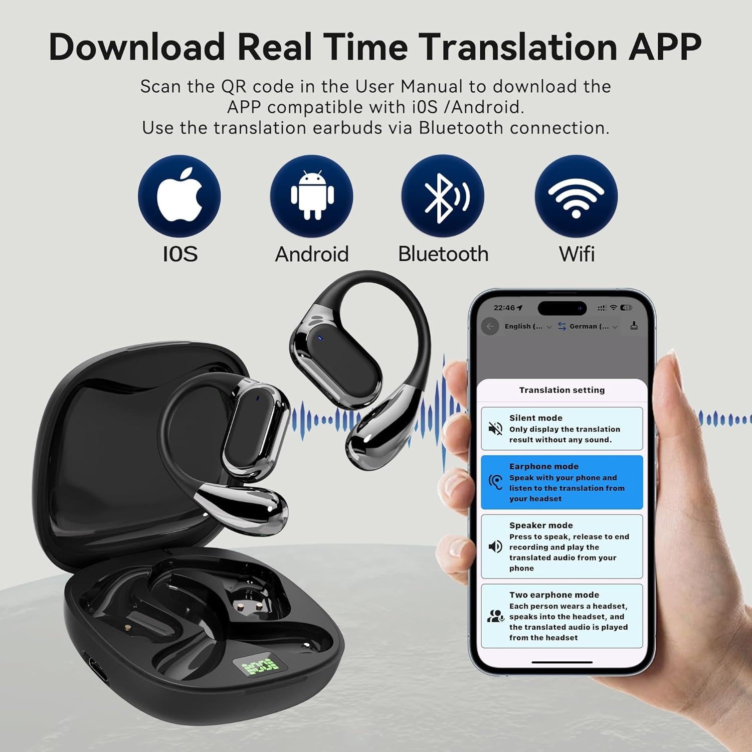 Auriculares de Traducción AI TOUSBUS Q15, 144 Idiomas, Negro
