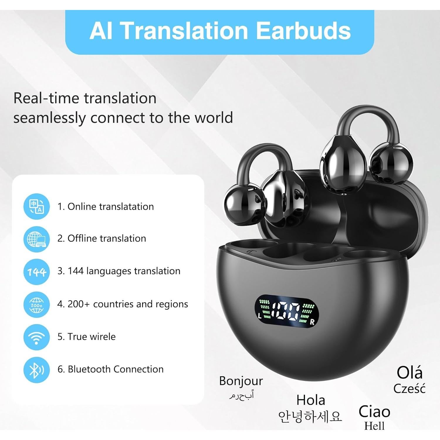 Language Translation Earbuds, 3-in-1 AI Real Time Translator Earbuds,Compatible with iOS & Android, Ideal for Travel, Work & Study-Black
