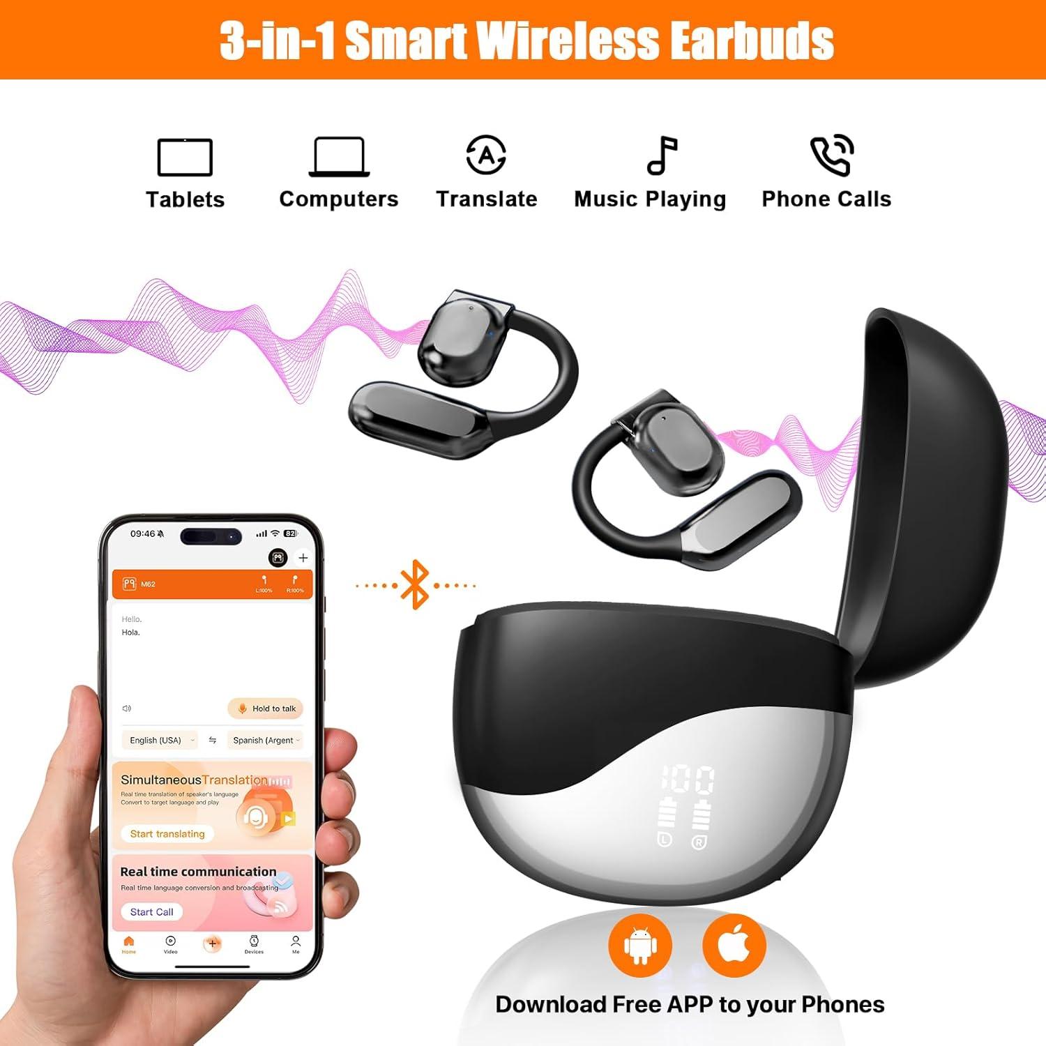 AI Translation Earbuds Real Time for iPhone and Android, 144 Language Translator Earbuds 3-in-1 Translating Headphones Audifonos Traductores Translator Device for Travel Business Learning