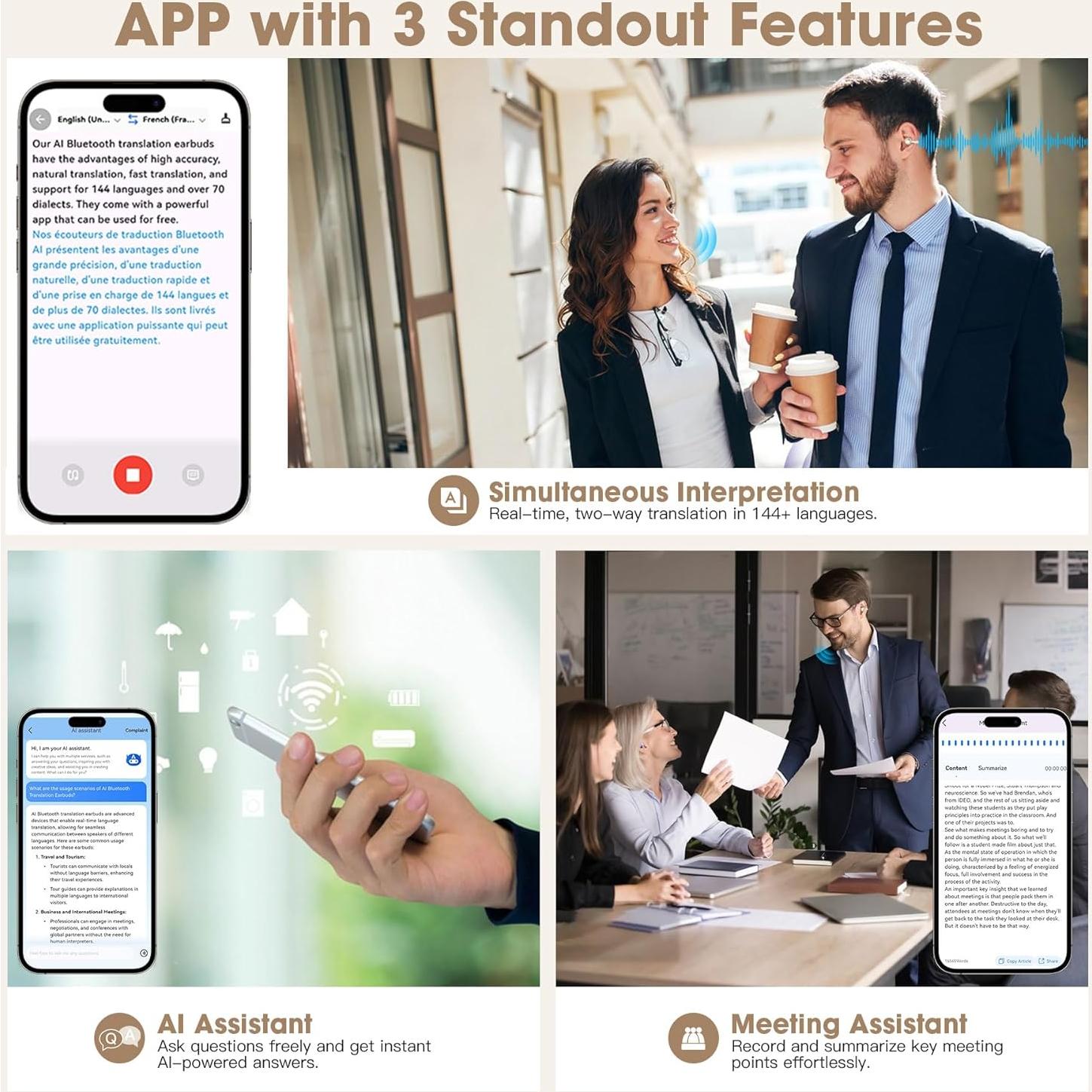 Yukee AI Translation Earbuds Real Time W/Free APP, 144 Languages Bluetooth Translator Earbuds for iOS Android, Wireless Bluetooth AI Headphones Language Translation for Business Travel Learning