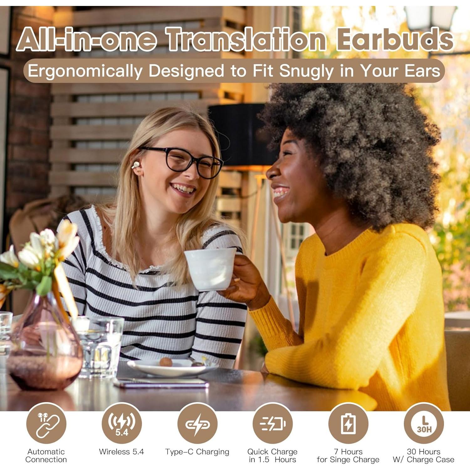 Yukee AI Translation Earbuds Real Time W/Free APP, 144 Languages Bluetooth Translator Earbuds for iOS Android, Wireless Bluetooth AI Headphones Language Translation for Business Travel Learning