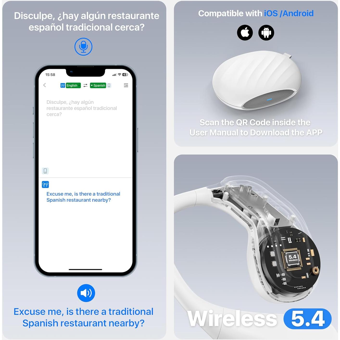 Auriculares Traductores AI OWS 144 Idiomas Tiempo Real Blanco
