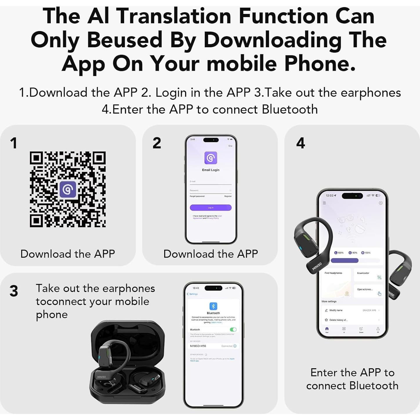 Auriculares de Traducción MINISO M98 Bluetooth 5.4 Negro