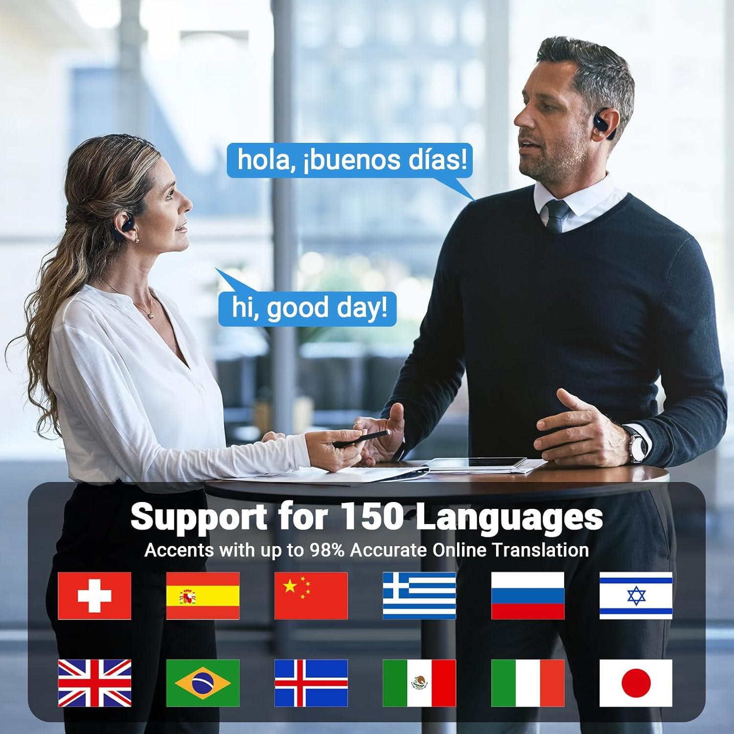 Translation Earbuds Real Time - Souroyea 150 Languages Two-Way AI Translator Open Ear Headphones Device, ENC Noise Cancelling & 10H Playtime for Travel Tour Guide, Business Meeting & School