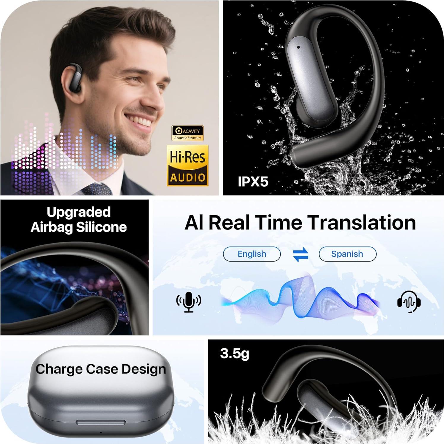 AI Translation Earbuds Real Time，144 Language & Accents Translator OWS Earbuds，Translation Device for Travel Business Learning（Black）