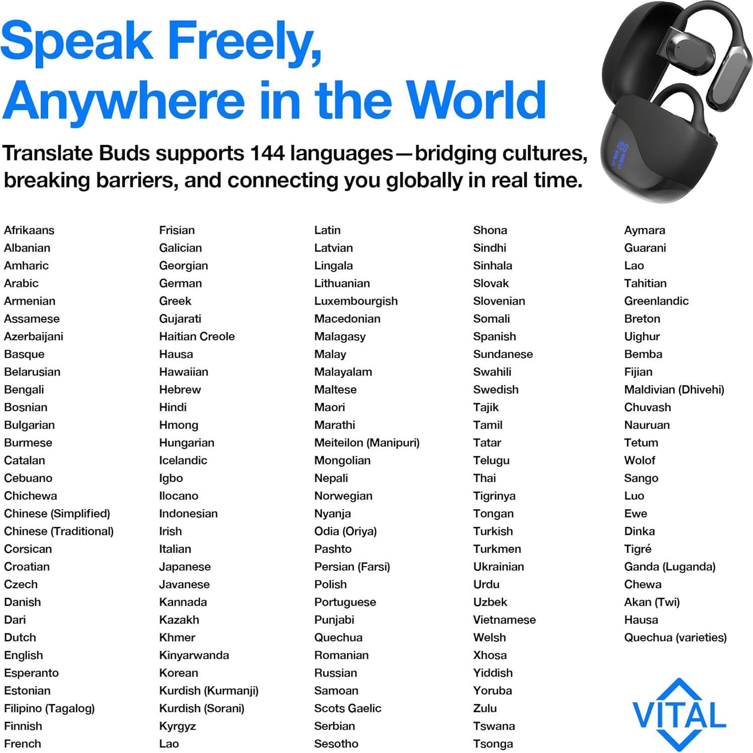 Auriculares Vital Traducir Bluetooth 5.3 - Traducción 74 Idiomas