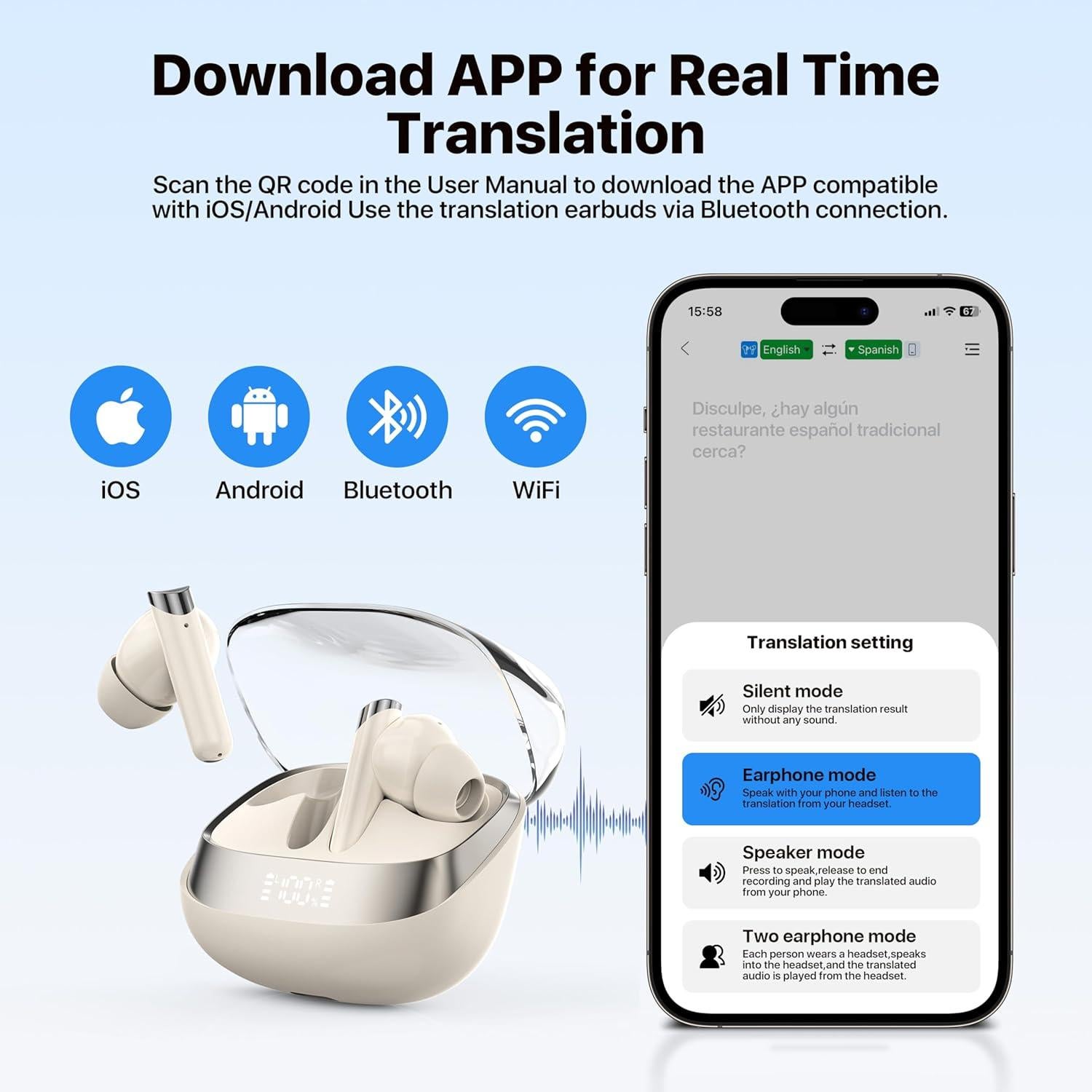 Auriculares Traductores AI TWS diujzld Blanco 144 Idiomas HD