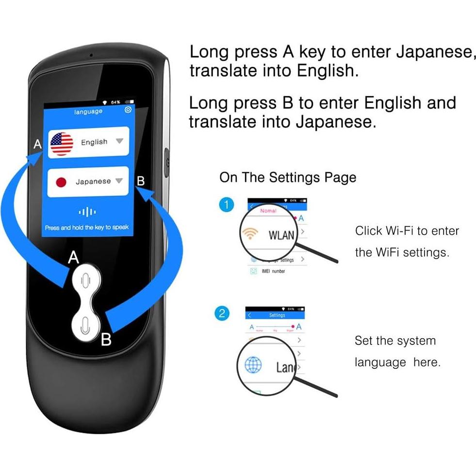 Smart Voice Translator Device with 2.4 Inch IPS Touch Screen Two Way Real Time Instant Language Translator Support 39 Languages for Learning Travel Business,Black,
