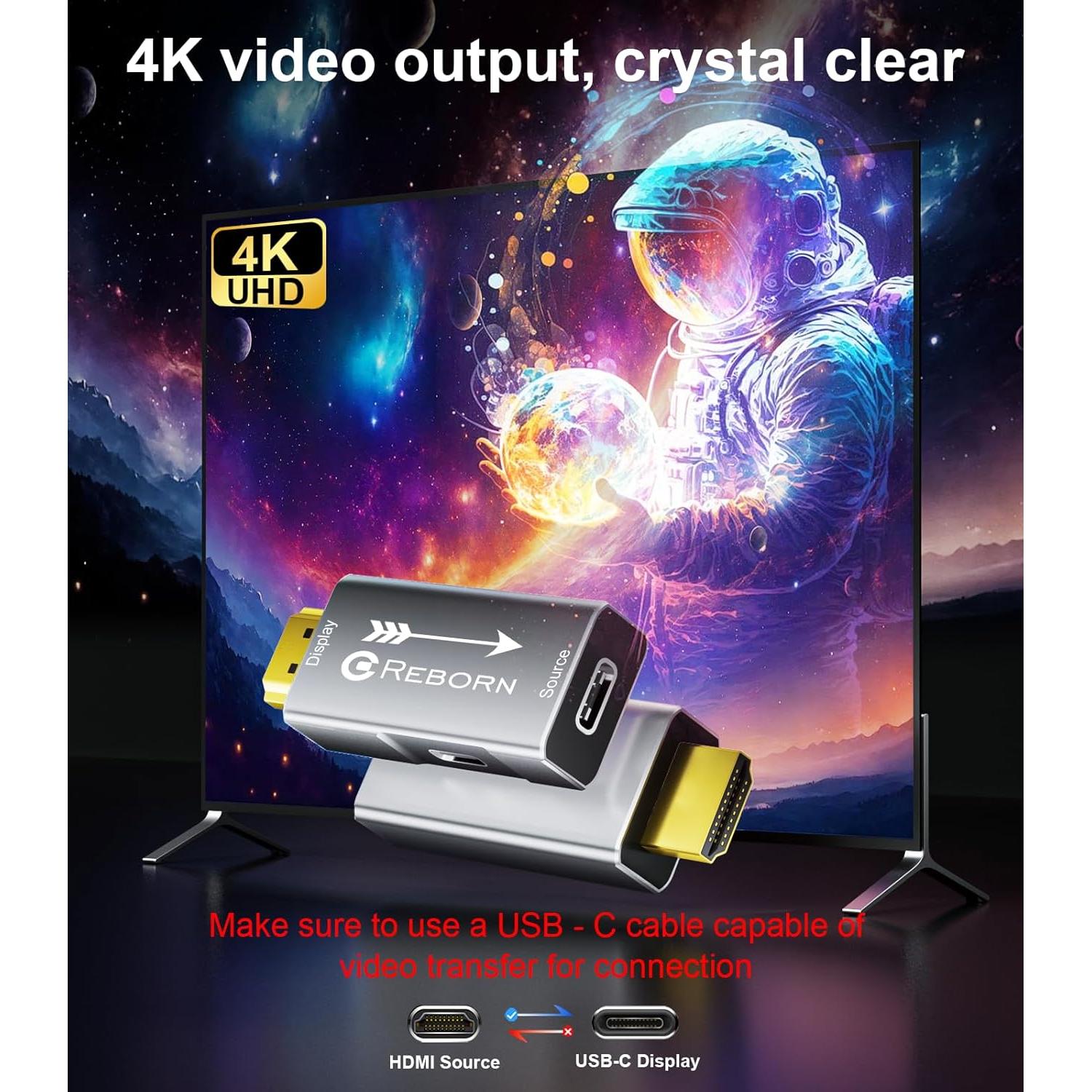 HDMI to USB C Adapter 4K 60Hz | Uni-Directional HDMI Source to USB-C Display Adapter for AR Glasses XREAL One、Air 2 Pro/VITURE Pro/RayNeo Air 2s/Rokid,PS5,Portable Monitors - 1 Pack