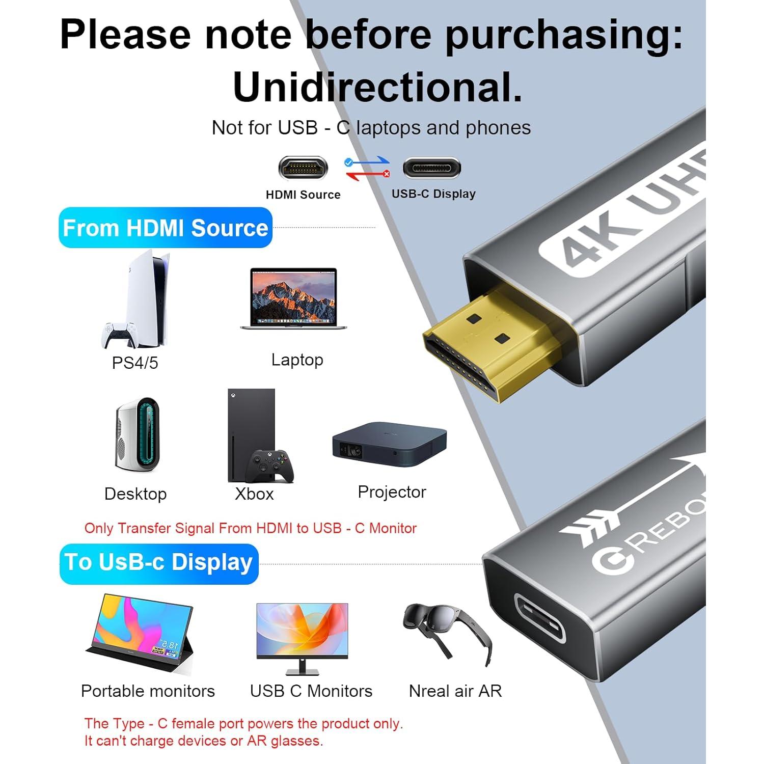 HDMI to USB C Adapter 4K 60Hz | Uni-Directional HDMI Source to USB-C Display Adapter for AR Glasses XREAL One、Air 2 Pro/VITURE Pro/RayNeo Air 2s/Rokid,PS5,Portable Monitors - 1 Pack